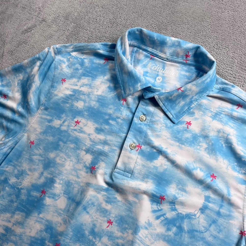 Chubbies Mens Blue Tie Dye Palm Tree Performance Polo Shirt Medium Golf Beach